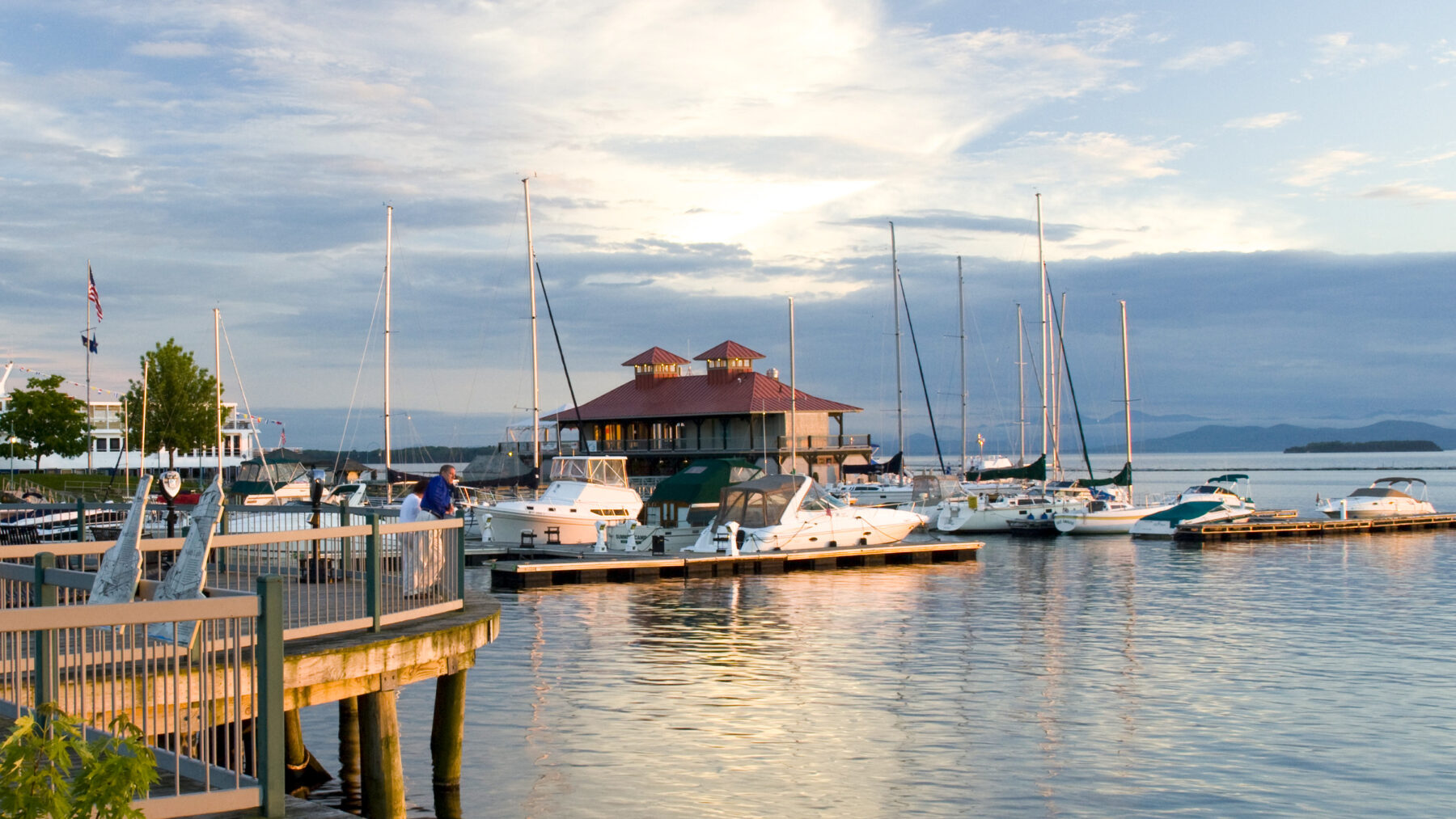 dock house, boats, boardwalk, Lake Champlain
